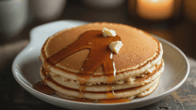 Pancakes with syrup and butter on a plate