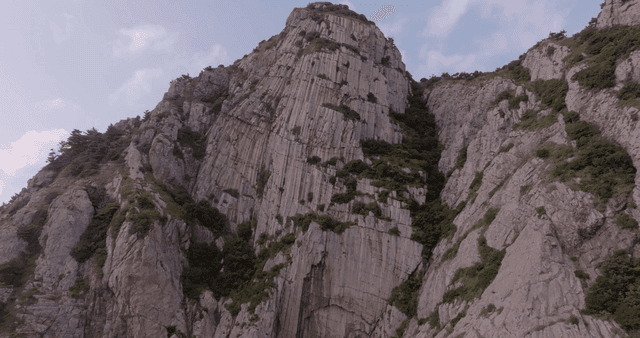 푸른 식물이 있는 웅장한 바위산