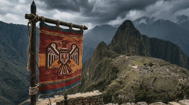 Traditional Inca flag with Machu Picchu in background