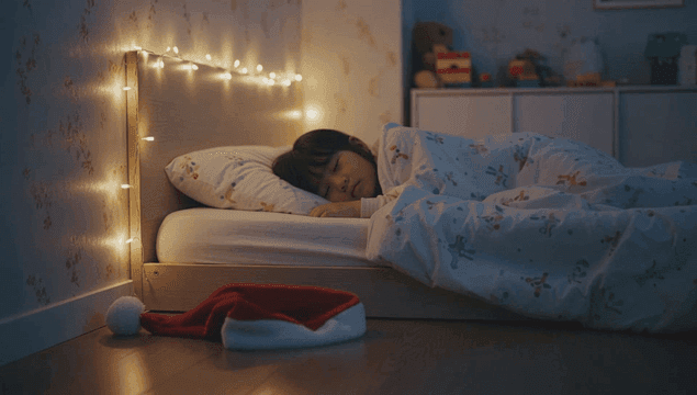 산타 모자와 침대에서 평화롭게 잠든 아이