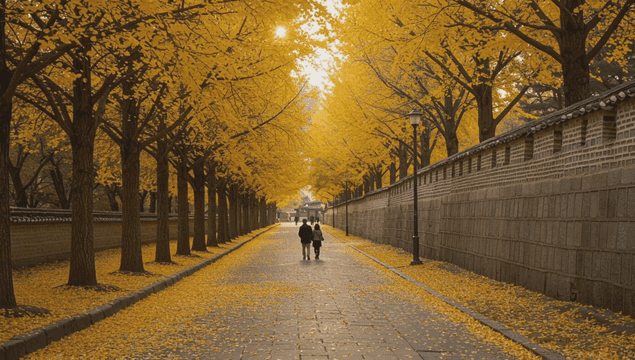담장 옆 가을 산책로를 걷는 커플
