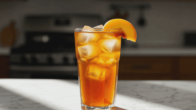 복숭아 조각이 있는 복숭아 아이스티 한 잔