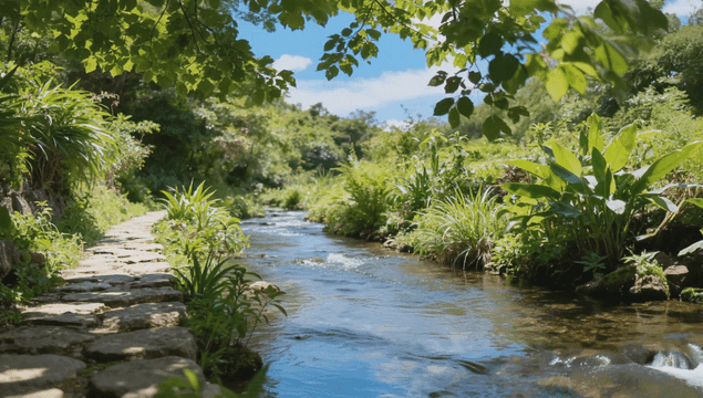 푸른 녹지 사이로 햇살 비치는 계곡물