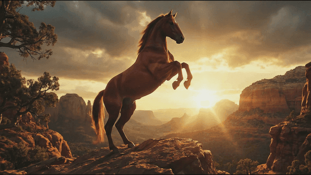 A horse standing on a rocky cliff at sunset