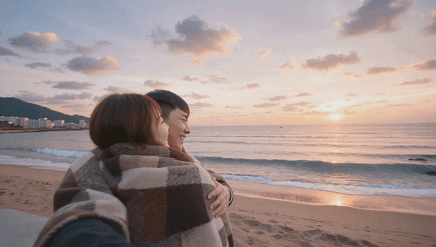 해변에서 일몰을 즐기는 커플