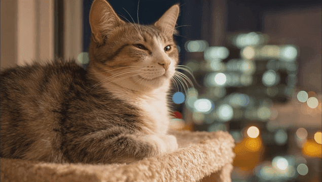 A cat resting by the window at night