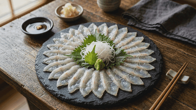 Pufferfish sashimi beautifully arranged on plate