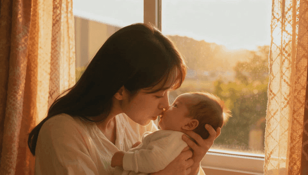 햇빛이 비추는 창가에서 아기를 안고 있는 엄마