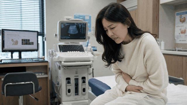 Woman suffering from abdominal pain at medical clinic