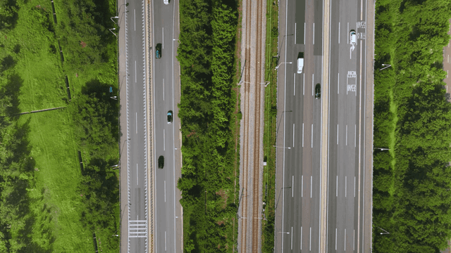 Highway and railway surrounded by greenery