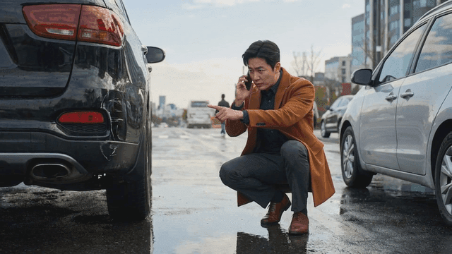 Man reporting traffic accident on wet road