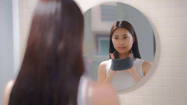 Woman wearing hair band to wash her face in front of bathroom mirror