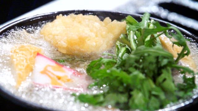 Bowl of warm udon noodles with fish cake and vegetables