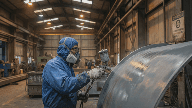 Worker spray painting in a factory