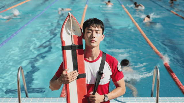 Lifeguard standing in front of crowded swimming pool