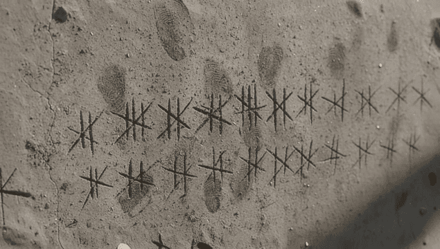 콘크리트 벽에 새겨진 날짜 표시 자국들