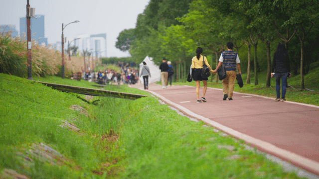 Couple holding hands walking along a green park path in the city