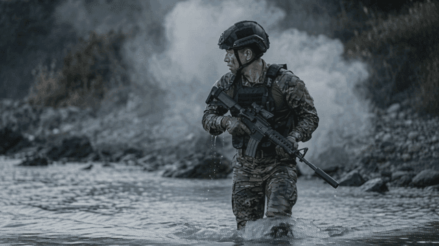 Soldiers crossing rocky stream