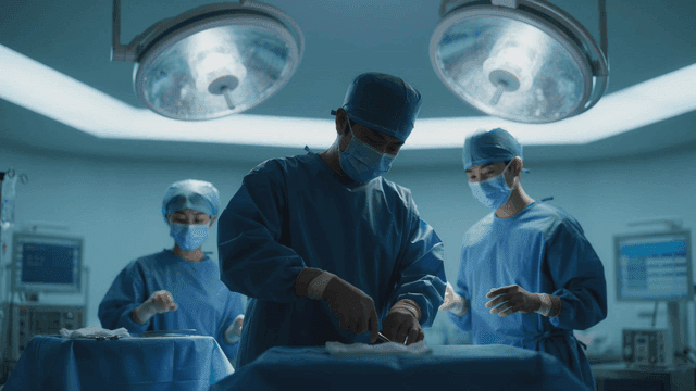Surgeons performing an operation in a well-lit operating room