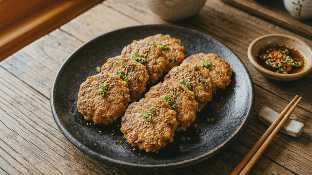 Meat pancake topped with sesame seeds