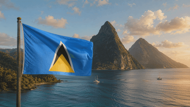 Saint Lucia flag fluttering near mountains and sea