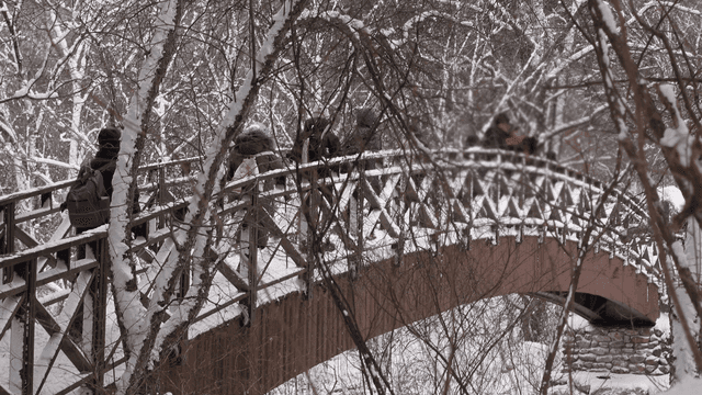 People walking on a snowy bridge in winter