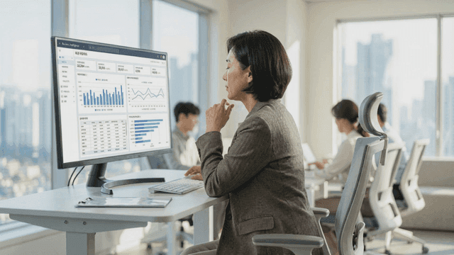 Office worker analyzing data in office