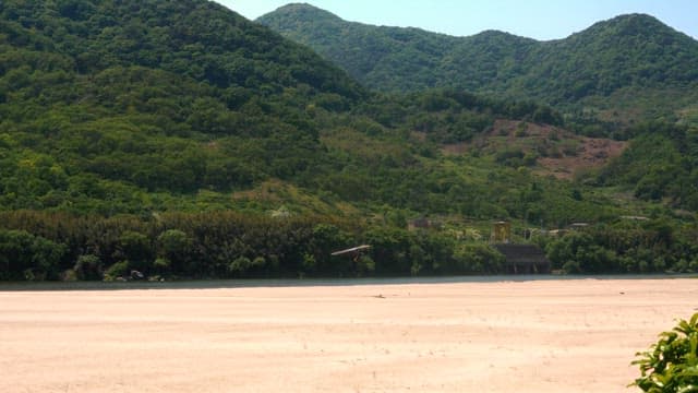Hang glider soaring over a sandy beach with forested hills in the background