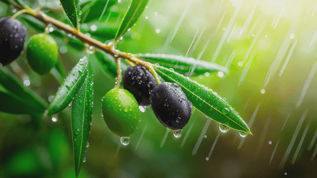 빗방울이 맺힌 올리브 가지