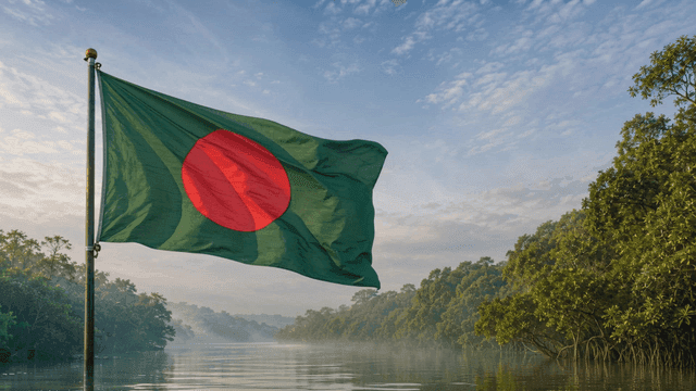 Bangladeshi flag fluttering by quiet riverside