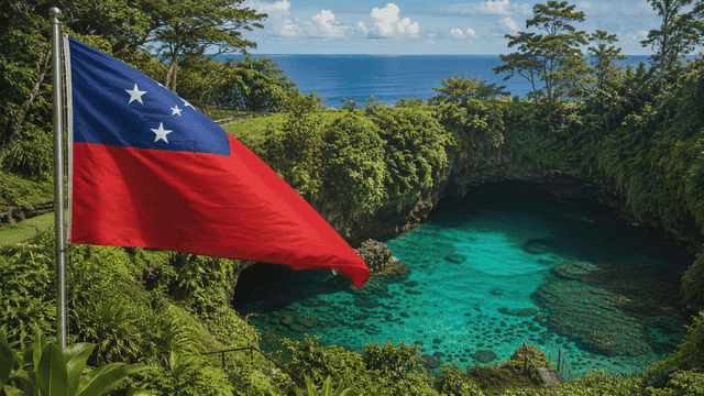 Samoan flag fluttering beside turquoise lagoon