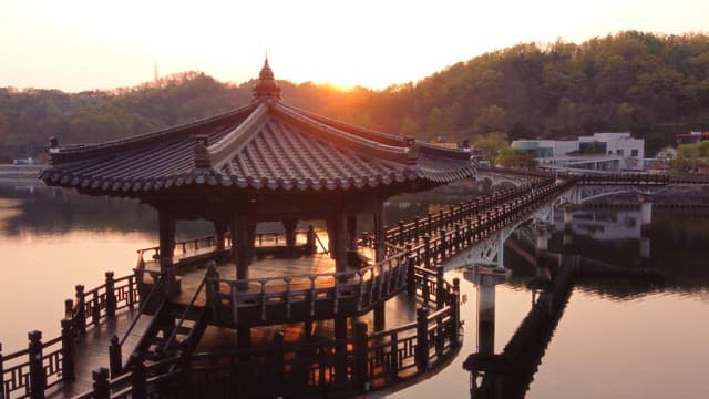 Traditional pavilion on a serene lake