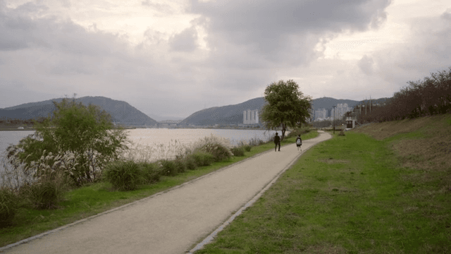 강변 길을 걷는 커플