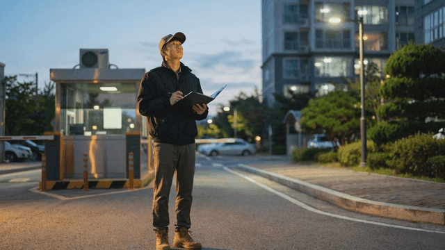 Security guard checking documents in front of apartment circuit breaker in evening.