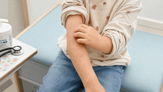 Child scratching an itchy arm in a clinic