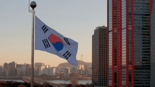 도시 스카이라인과 함께 펄럭이는 태극기