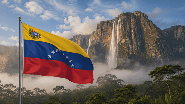 Venezuelan flag with Angel Falls in the background