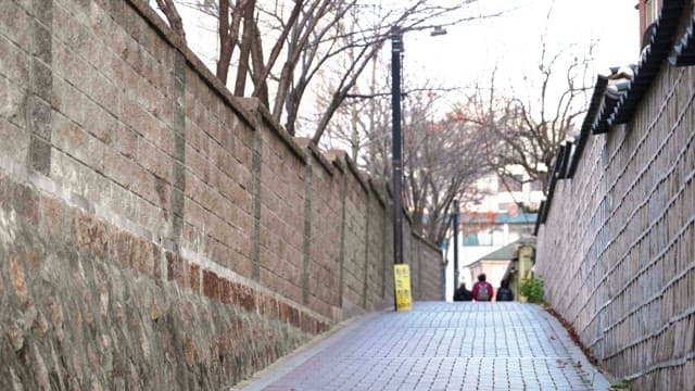 A person riding a bicycle along a quiet brick-walled alley