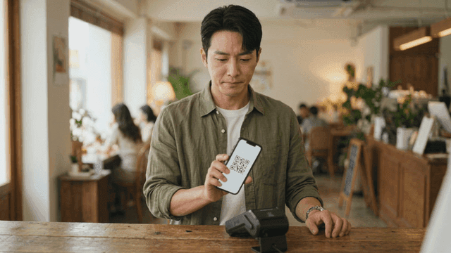 Man paying with QR code at cafe