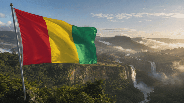 Flag of Republic of Guinea waving near beautiful waterfall.