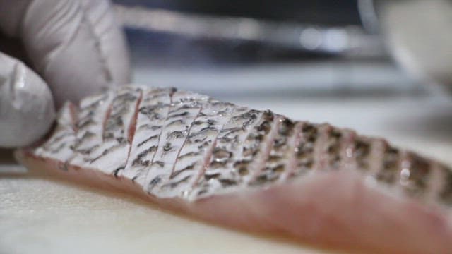 정교히 칼집을 낸 생선을 토치로 익히는 모습