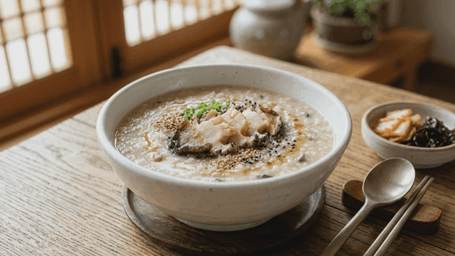 Abalone porridge with side dishes on a table