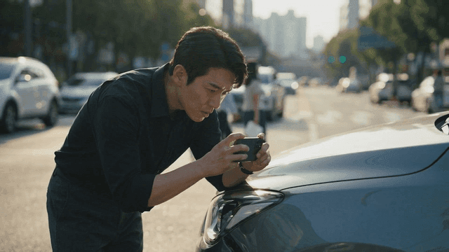 Man taking photos of a car on a busy street
