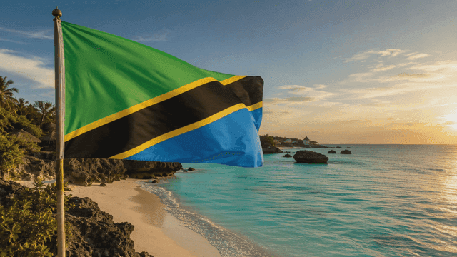 Tanzanian flag fluttering at sunset on beach