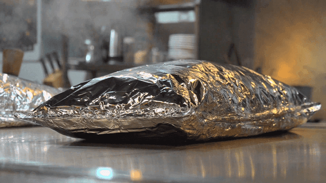Meal wrapped in steaming foil on griddle in kitchen