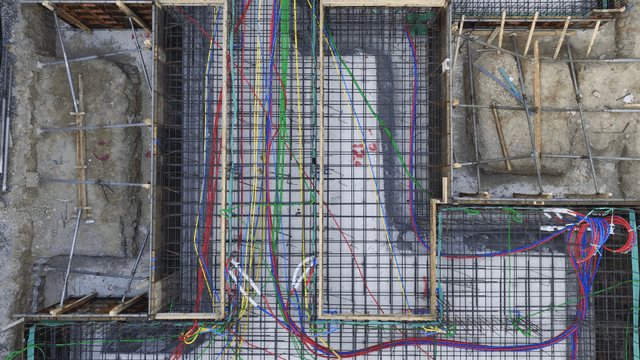 Construction site with rebar and wiring