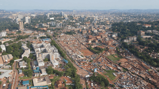Sprawling cityscape with green areas