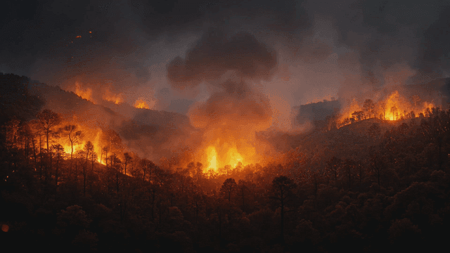Forest engulfed in flames at night