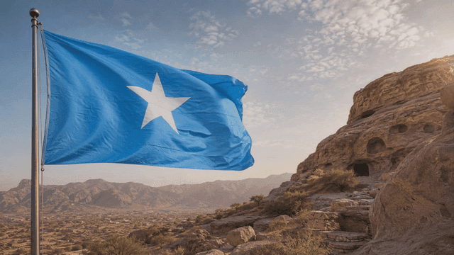 Somali flag waving near ancient rock formations