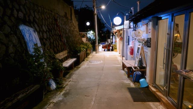 Quiet alleyway with streetlights at night